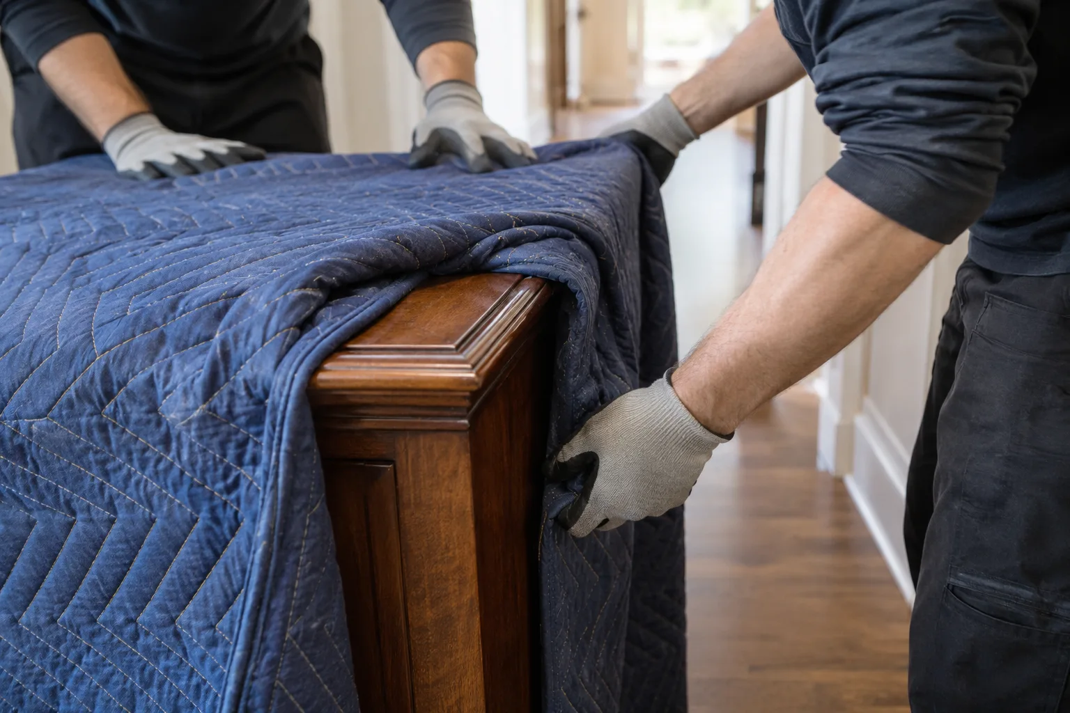 Workers wrapping a cabinet before removal