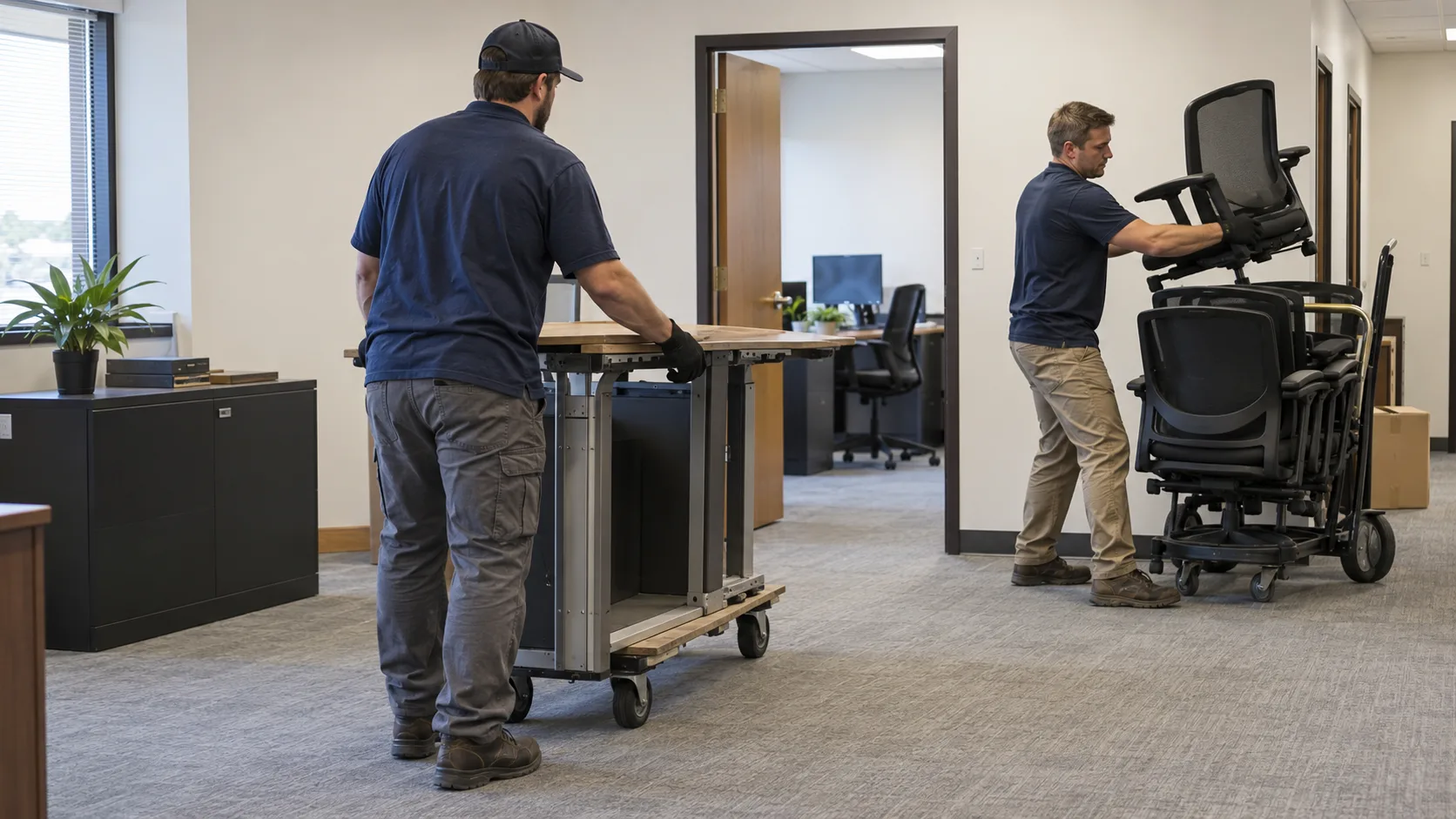 Workers moving desk sections and office chairs on dollies
